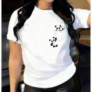 100% Cotton Panda Pattern Casual T-Shirt, Round Neck Short Sleeve Versatile Sports T-Shirt, Women's Top
