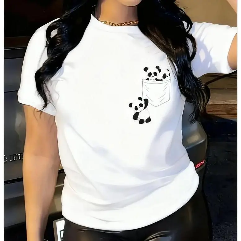 Panda Pattern Casual T-Shirt, Round Neck Short Sleeve Versatile Sports T-Shirt, Women's Top