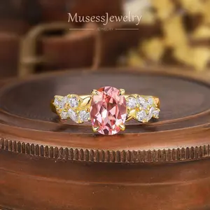 1.50ct Oval Padparadscha Sapphire Engagement Ring with Leaf-Inspired Diamond Cluster in 18K Yellow Gold Vintage Bridal Jewelry US Size 3-13 Anniversary Gift for Wife