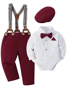 Baby Boy Gentleman's suit 0-24M Infant Baby Cute Clothes set Baptism Easter Outfits Shirt Bowtie Beret suspender pant 4pcs Casual Variety Gift Set