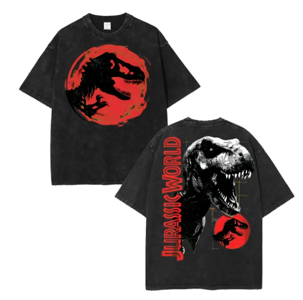 Men's Jurassic World T-Rex Dinosaur Red Moon Vintage Graphic Heavyweight Oversized Heavy Wash Distressed Short-Sleeve Cotton Streetwear T-Shirt - Minimalist Vibe, Grid Print, Premium Soft Fabric, Retro, Front Graphic, Casual Tops