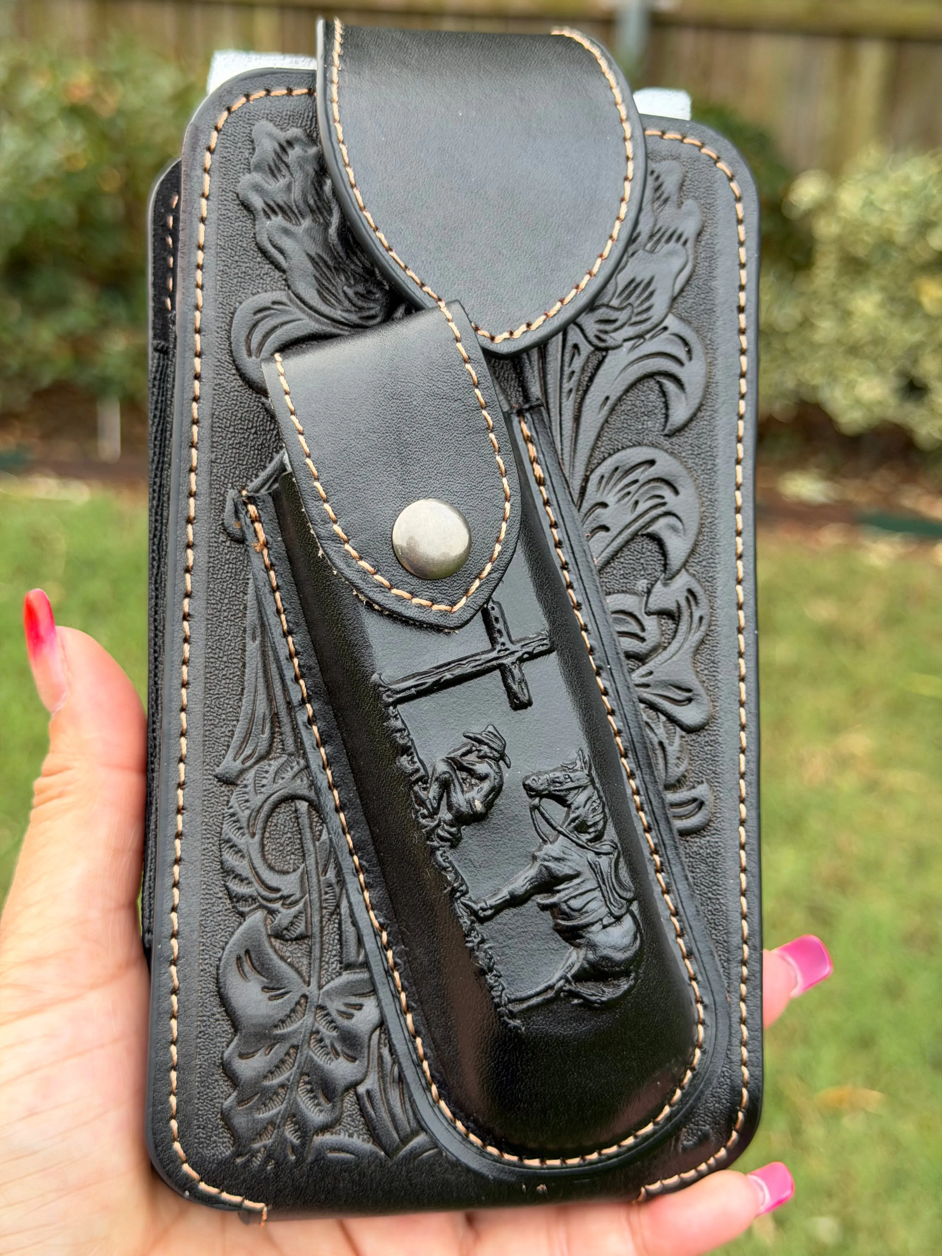 Genuine Black Leather Protective Cell Phone & Knife Holster Pouch, Magnetic Casing Cover Phone Accessory