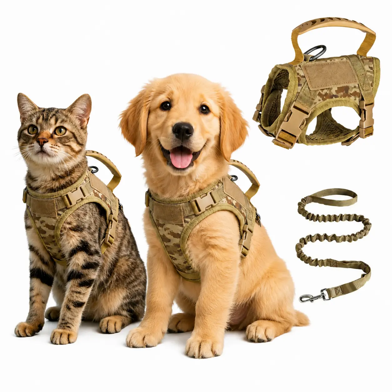 Tactical Nylon Pet Harness with Leash for 11+ Lbs Small Dogs, Escape-Proof, Velcro Strips Patch Area, Soft Mesh Padding, Non-Slip Rubber Handle, Stain Resistant, Versatile for Training & Outdoor Walking, Outdoor Activities, Harnesses