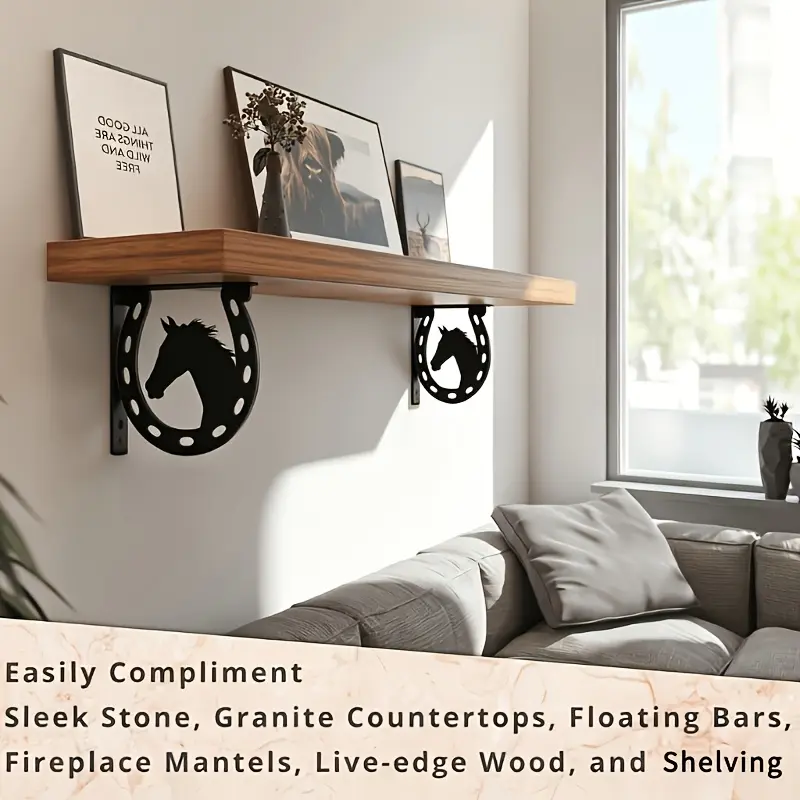Horse-shaped metal storage rack brackets, 2 pieces | L-shaped iron support, space-saving design, wall-mounted installation (requires drilling), suitable for decoration and practical storage in the kitchen, bathroom, living room, and bedroom