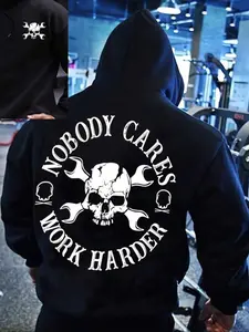 Men's Skull & Letter Print Drop Shoulder Hoodie, Fashion Casual Loose Drawstring Pocket Hooded Sweatshirt for Daily Holiday Outdoor Wear, Men Clothes for Fall & Winter