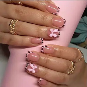 24pcs French Short Square Press-On Nails, Matte Finish, Leopard Print, 3D Bow, Fashionable Removable Nail Art Set