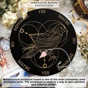 Wooden swing board divination board 3-piece set, with conical pendulum crystal pendant, base ornament, spirit pendulum decoration display stand, wooden witchcraft divination tool, spiritual altar decoration, home decoration, Feng Shui Ornaments