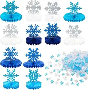 Frozen Winter Wonderland Party Decorations - 12pcs Blue White Snowflake Honeycomb Table Centerpieces 600pcs Snowflake Party Supplies Ornaments Garland