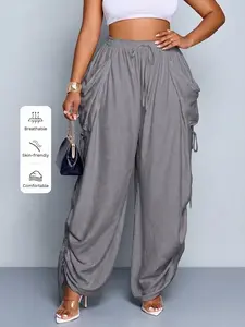 Women's High Waisted Wide Leg Pants, Casual Comfortable Linen Bottoms with Adjustable Side Drawstring for Everyday Vacation Wear
