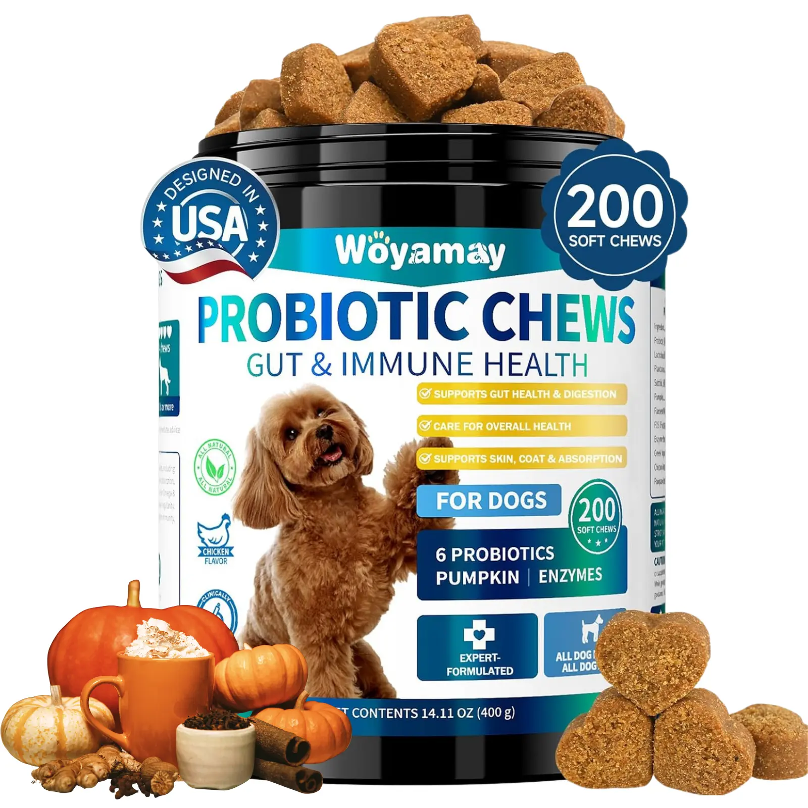 Probiotic Multivitamin Soft Chews for Dogs, 200 Treats, Gut Health and Immune Support with Enzymes, Prebiotics and FOS Fiber, Chicken Flavor Dog Probiotics Chews omega oil puppy essentials dogs extra hydration Pumpkin Supplements #SummerVibe #Petlovers