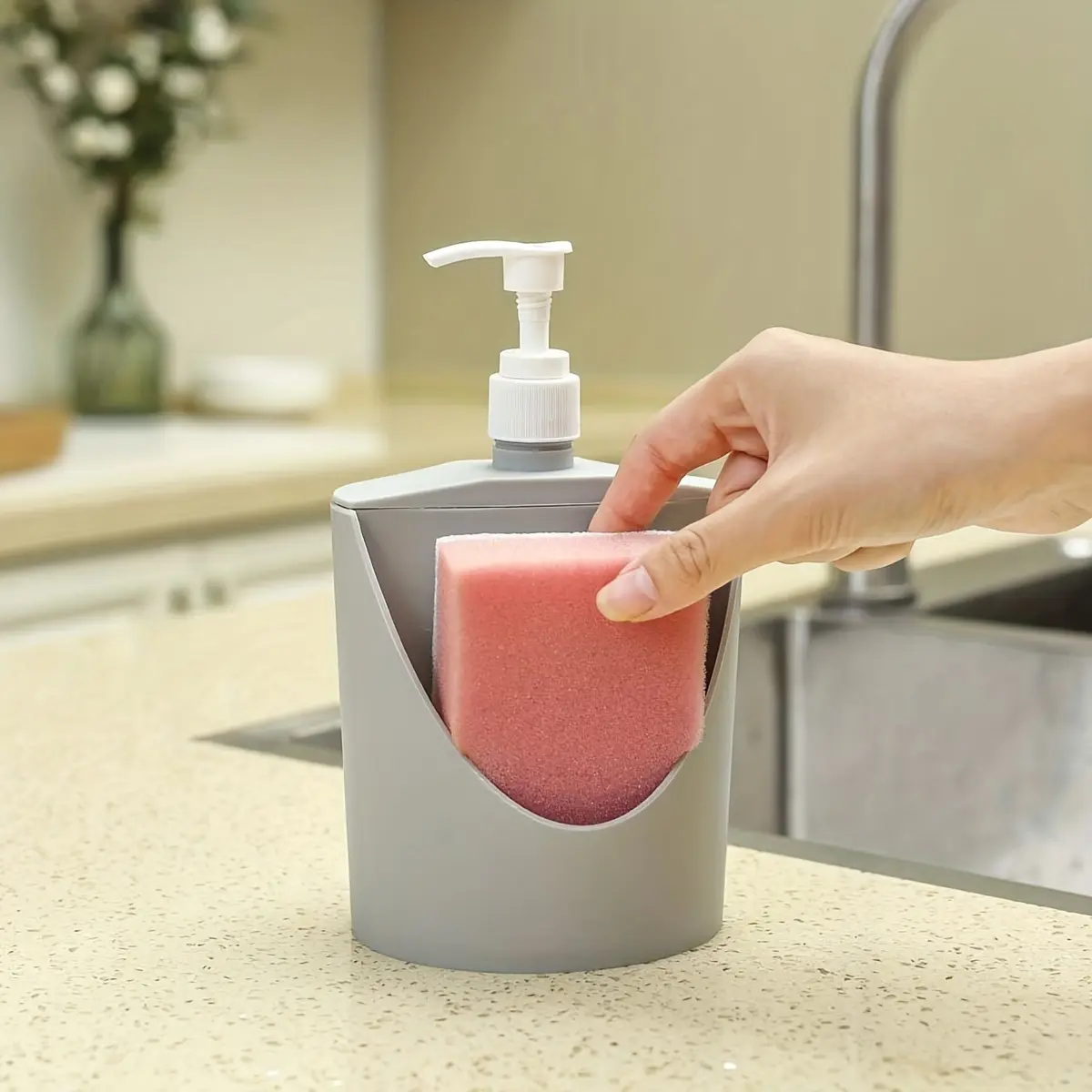 Manual Kitchen Soap Dispenser with Sponge Holder - 16.91oz Compact Space-Saver Dishwashing Liquid Pump Bottle, Non-Electric Storage Container, Home Cleaning Tool, Ideal for School Supplies