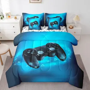Gamer Comforter Bed Set,Kids Blue 3D Gaming Bedding Set,Teens Boys Gamepad Bed Bagsoft Microfiber 7 Pieces Video Game Console Bed Set with Sheets