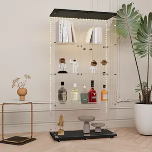 Tempered Glass Display Case, 4-Tier Curio Cabinets with Glass Doors & lock, Display Case with LED light strip & Lockable Swivel Casters for Collectibles, for Living Room, Bedroom, Office, Black Modern Sideboard Buffet