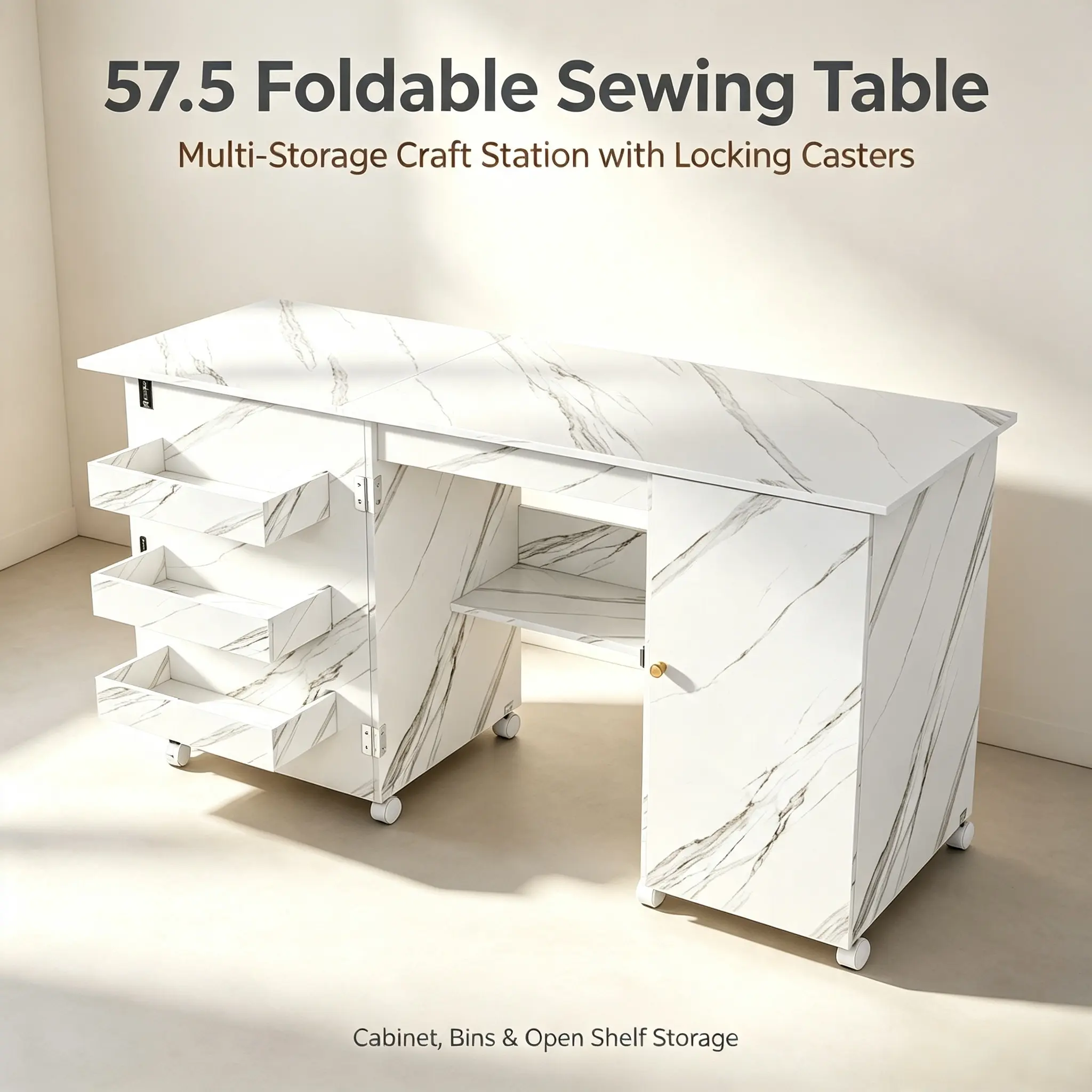 57.5" Foldable Sewing Cabinet with Locking Casters - Multi-Storage Craft Table with Shelves, Bins & Storage Compartments for Home Office