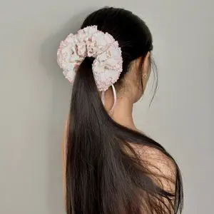 Carnation Bloom Scrunchie with Ribbon Ties Double Layer Lace Trim Ruffle Scrunchies