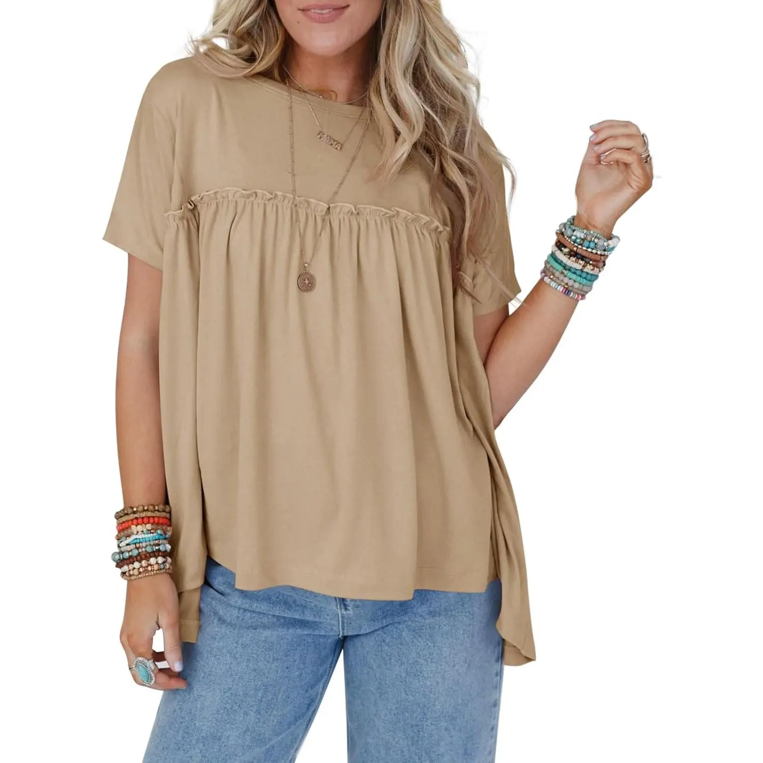 Imily Bela Womens Summer Babydoll Tunic Tops Pleated Short Sleeve Crew Neck Peplum T Shirts Casual Loose Fit Outfits Womenswear Blouse church outfit Breathable Chic