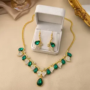 Vintage Emerald Leaf Rhinestone Jewelry Set for Women, Boho Ethnic Teardrop Crystal Necklace Dangle Earring Combo, Elegant Gold Plated Stackable Accessory Kit for Wedding Party Daily Formal Outfits