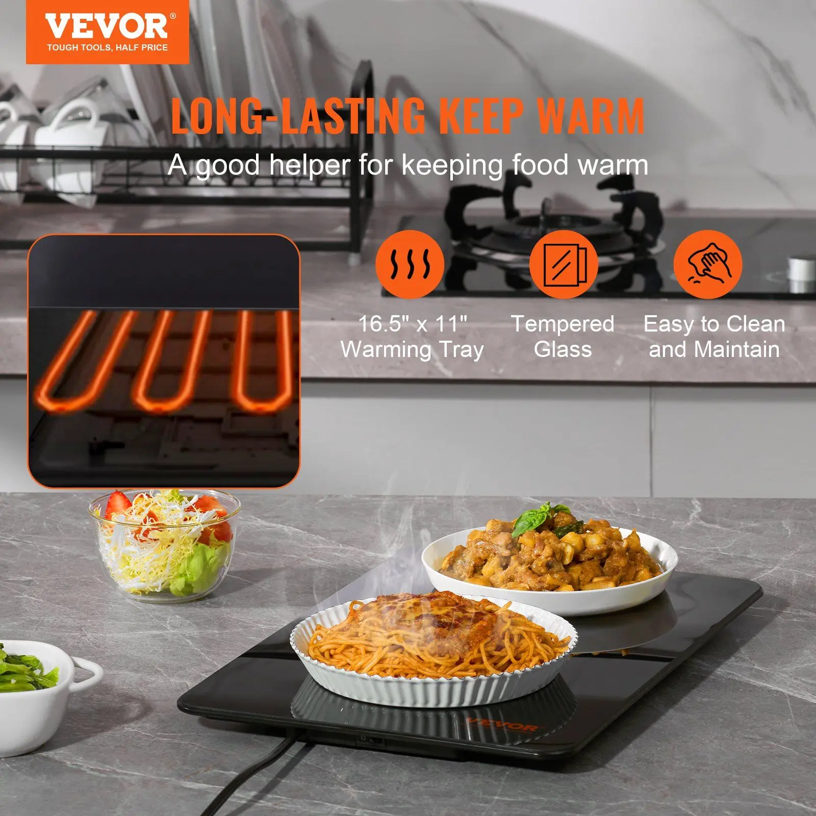 VEVOR Electric Warming Tray, 16.5" x 11" Portable Tempered Glass Heating Tray with Temperature Control (65-90°C), Perfect for Dinner, Catering, House, Parties, Events, Entertaining and Holiday, Black hot plate