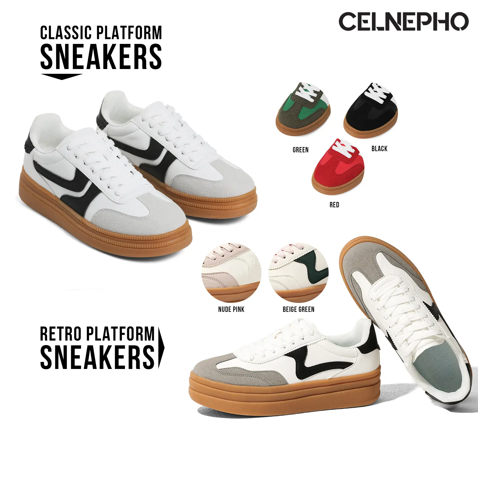 CELNEPHO Womens Sneakers Round Toe Platform Heel Rubber Gum Lace-Up Design Walking Tennis Shoes Easy Pull on Casual Daily Wear Gift Fashion Platform Sneaker Comfortable Walking Trendy Dress Shoes Back To School