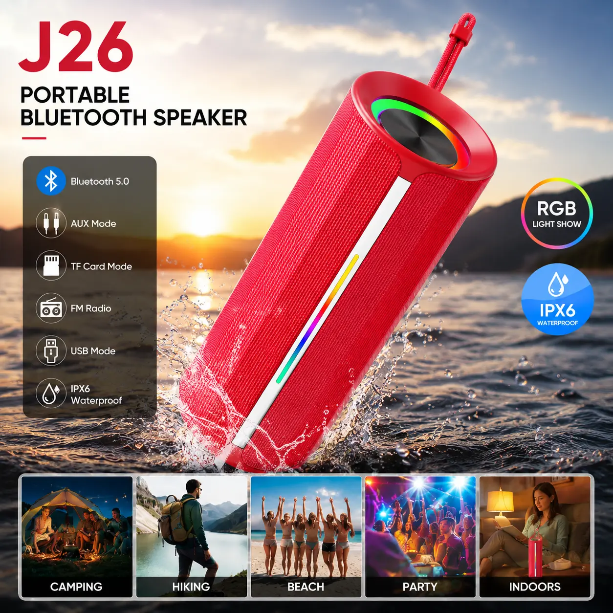 【Live-Wave】Portable Bluetooth Speaker VOCH J26, Wireless Stereo Sound with Dynamic RGB Lights, TF Card USB AUX FM Support, Long Playtime Speaker for Home Party Outdoor Travel