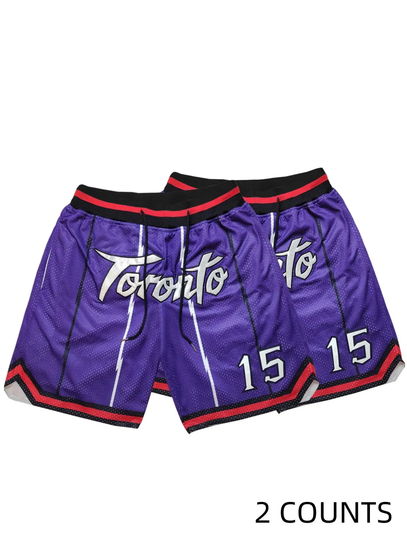 Men's Toronto Raptors Number 15 Embroidery Pocket Gym Shorts, Casual Breathable Quick Drying Elastic Waist Basketball Shorts, Men's Sportswear for Outdoor Wear