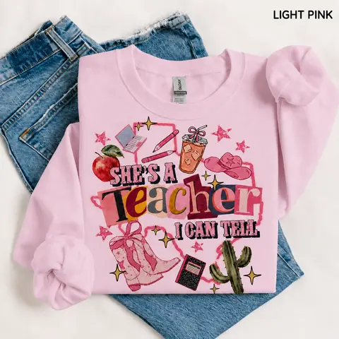 Women's Soft Everyday Crew Neck Seamless Cotton Sweatshirt - Funny "She's a Teacher I Can Tell" Graphic Print, Back to School Gift for Elementary Educators, Comfy Unisex Pullover (Hoodie-Style Vibes)