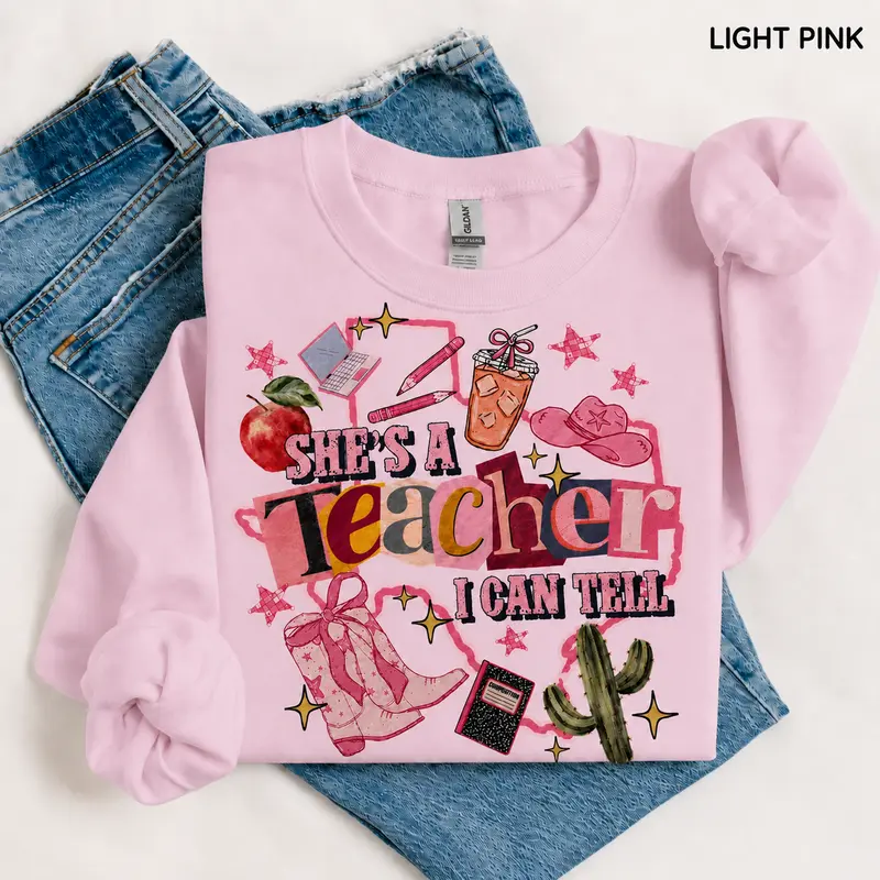 Women's Soft Everyday Crew Neck Seamless Cotton Sweatshirt - Funny "She's a Teacher I Can Tell" Graphic Print, Back to School Gift for Elementary Educators, Comfy Unisex Pullover (Hoodie-Style Vibes)