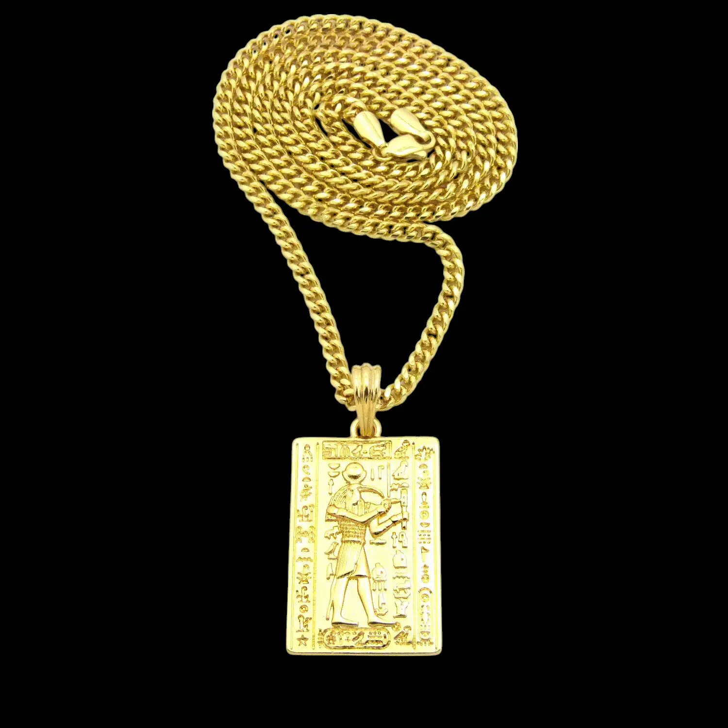 MaxBling81 Unisex Egyptian Hieroglyphic Thoth God Amulet Pendant Necklace - 4mm Brass Cuban Chain, 18in-20in Long, 0.95"x1.85" Gold Metal Coating, Hip Hop Casual Costume Jewelry, Durable Stylish Design, Hip Hop Jewellery, Chain & Link, Daily Wear, 0.95" X