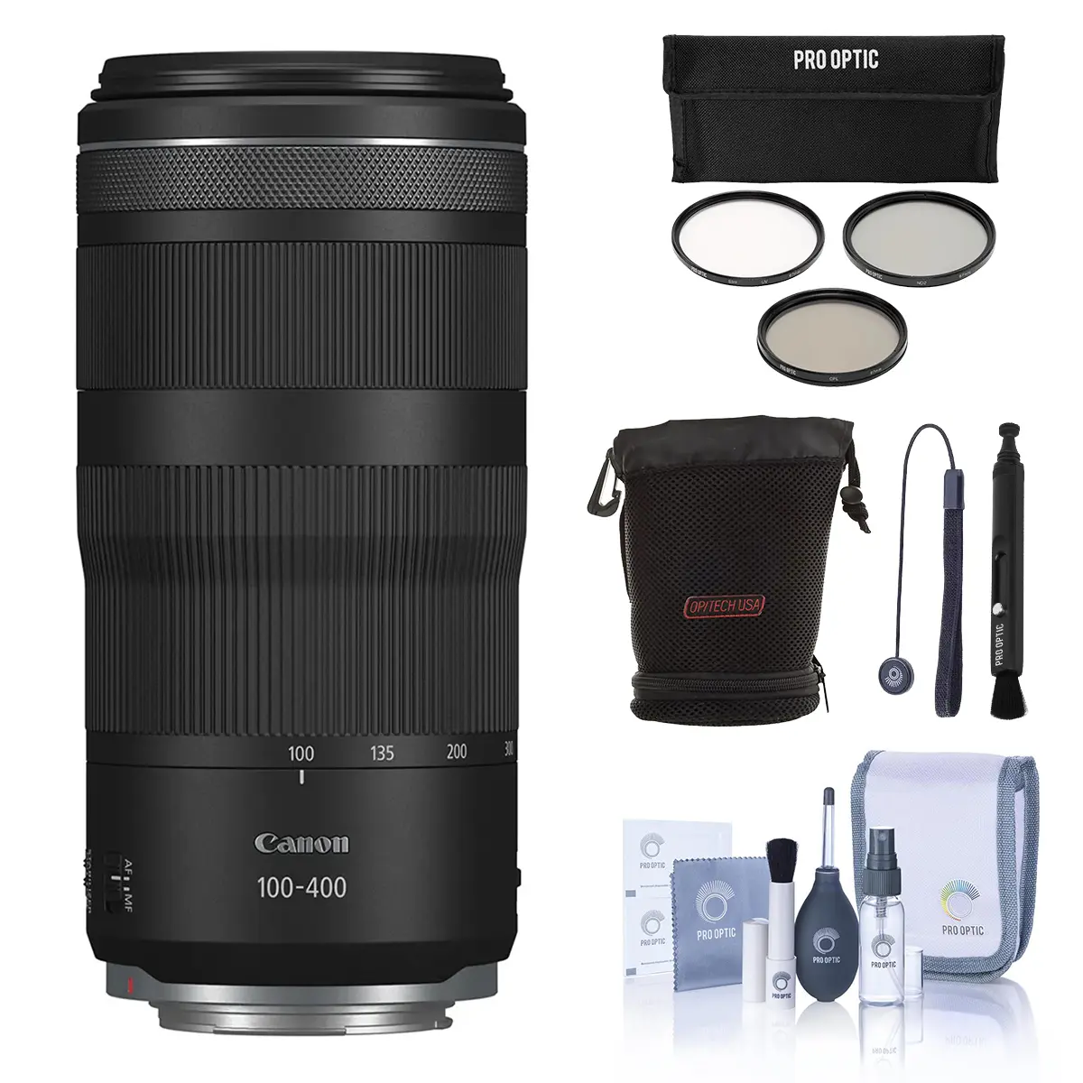 Canon RF 100-400mm f/5.6-8 IS USM Lens, Bundle with 67mm UV Filter, Lens Cap Tether, Lens Case, LensPen Lens Cleaner and Cleaning Kit