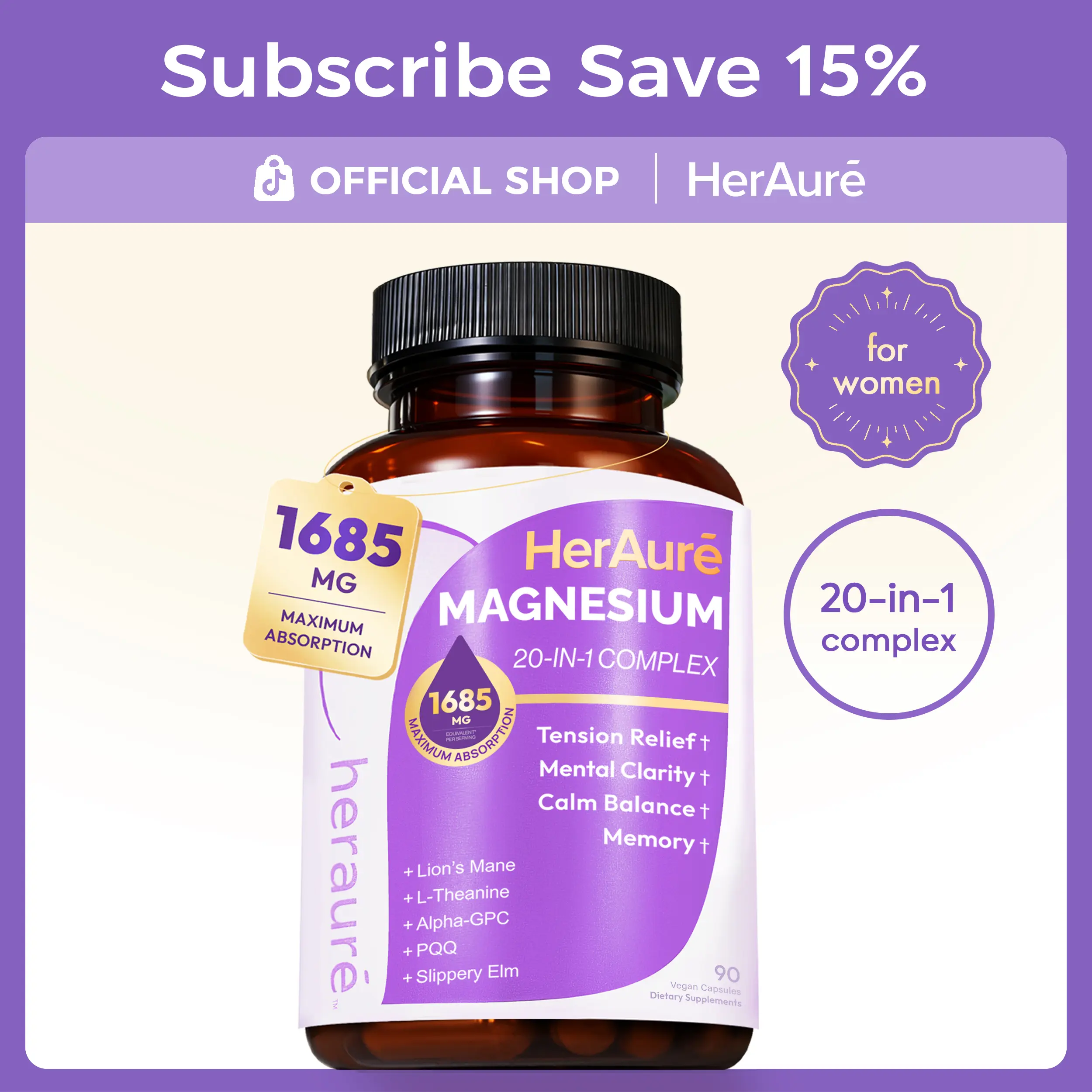HerAure 20-in-1 Magnesium Complex 1685mg - BrainFog Relief, Reduce Overthinking & Calm Mind, StressRelief & Sleep Comfort, Digestion, Muscle & EnergySupport, 12 Forms of Magnesium, B6, Zinc & SlipperyElm, beach essentials, Deals For You Days，C summerwins