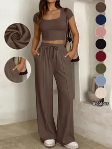 New Summer Autumn Casual Slimming Y2K Two-Piece Set, Short Sleeve Long Pants Drawstring Cross-Border Commute for Women