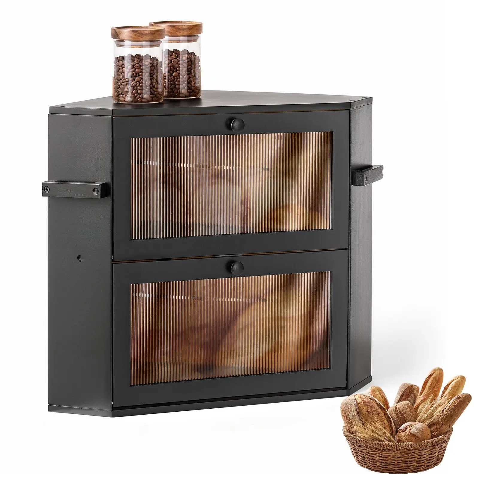 Corner Bread Box for Kitchen Counter, Bamboo Wood Storage Container, Black Finish, for Homemade Bread, Suitable for Under Cabinet and Pantry, Double Layer Farmhouse Bread Box Bin, with Acrylic Door Panel and Air Vents