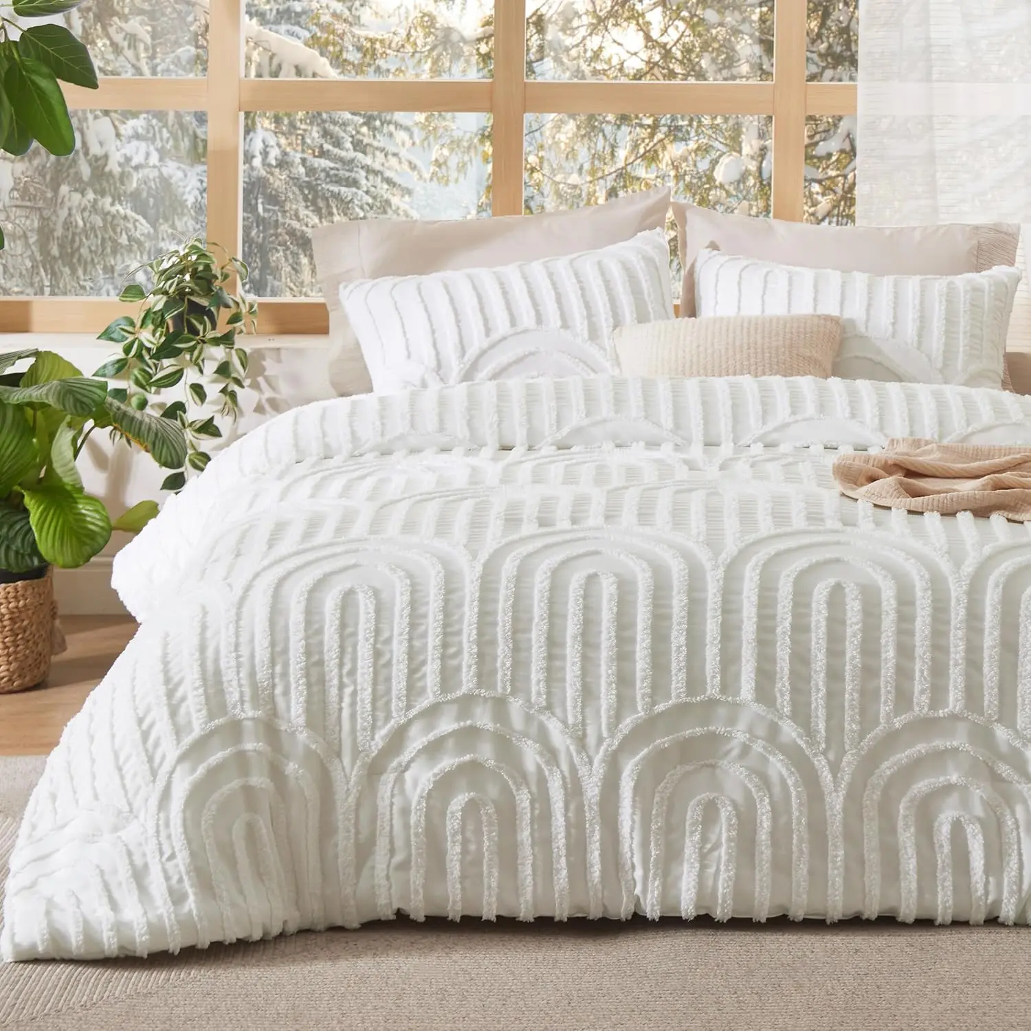 Tufted Boho Twin Comforter - White All Season Soft Warm Bedding, Elegant Arch Design with 2 Farmhouse Embroidery Details, Fluffy, Versatile for Cozy Setup, Ideal Christmas Gift