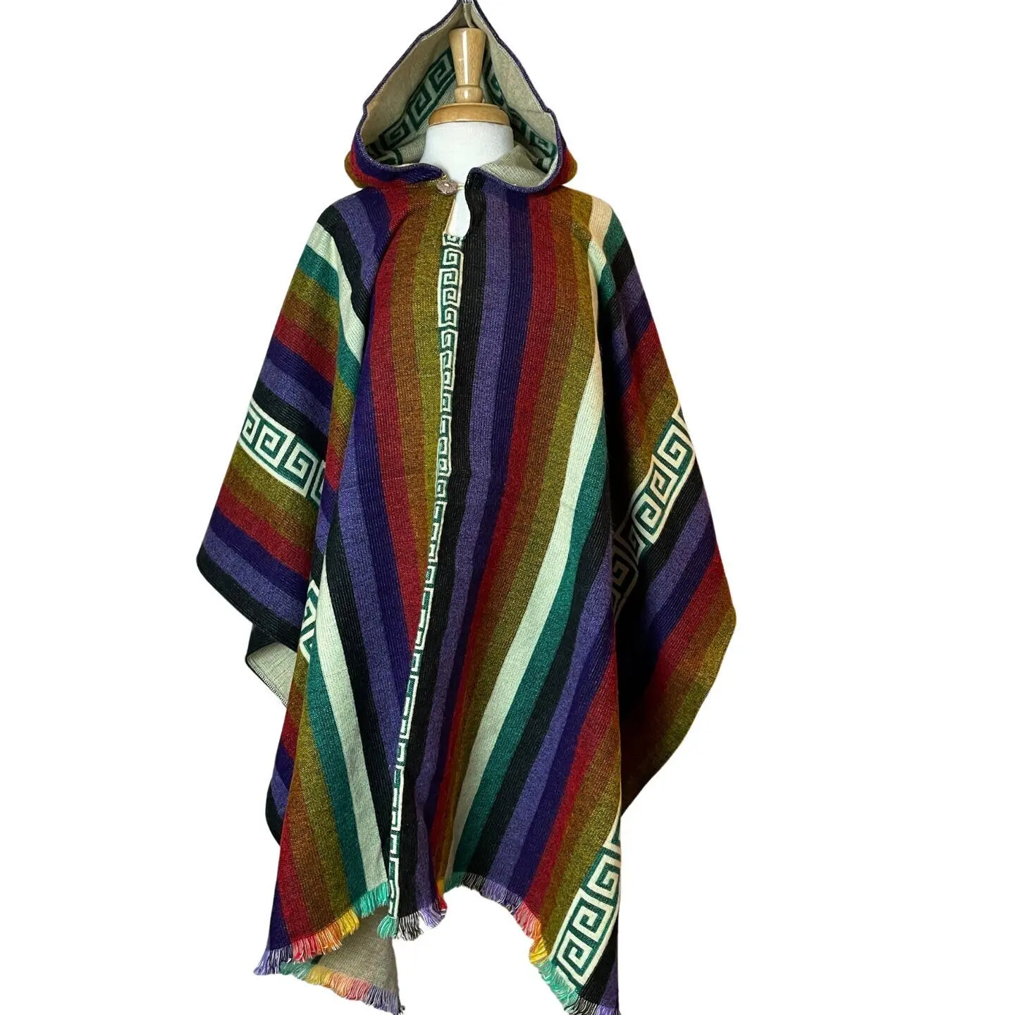 Unisex One-Size Loose-Fit Hooded Alpaca Wool Poncho - Rainbow Geometric Pattern, Casual Acrylic, Fringe Edges, All-Seasons Comfortable Shawl, Lightweight Winter Cape, Do Not Wring