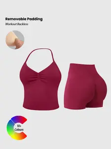 Women's Sporty 1/2 Set, Halter Sports Bra Top + Butt Lifting Shorts, Detachable Pads, Comfortable Fitness, Fashionable Workout Wear