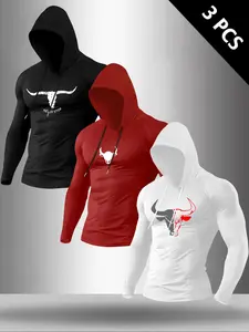 Men's Classic 3-Piece Set Letter Cow Print Bull Graphic Hooded Long Sleeve T-Shirt, Casual Fitted Top for Fall & Winter Fitness Wear