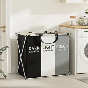 ‌Foldable Triple Compartment Laundry Hamper with Aluminum Frame Space Saving Storage for Closets Utility Rooms Waterproof Oxford Fabric Durable Sorting Basket Sturdy Handle‌ Versatile Portable