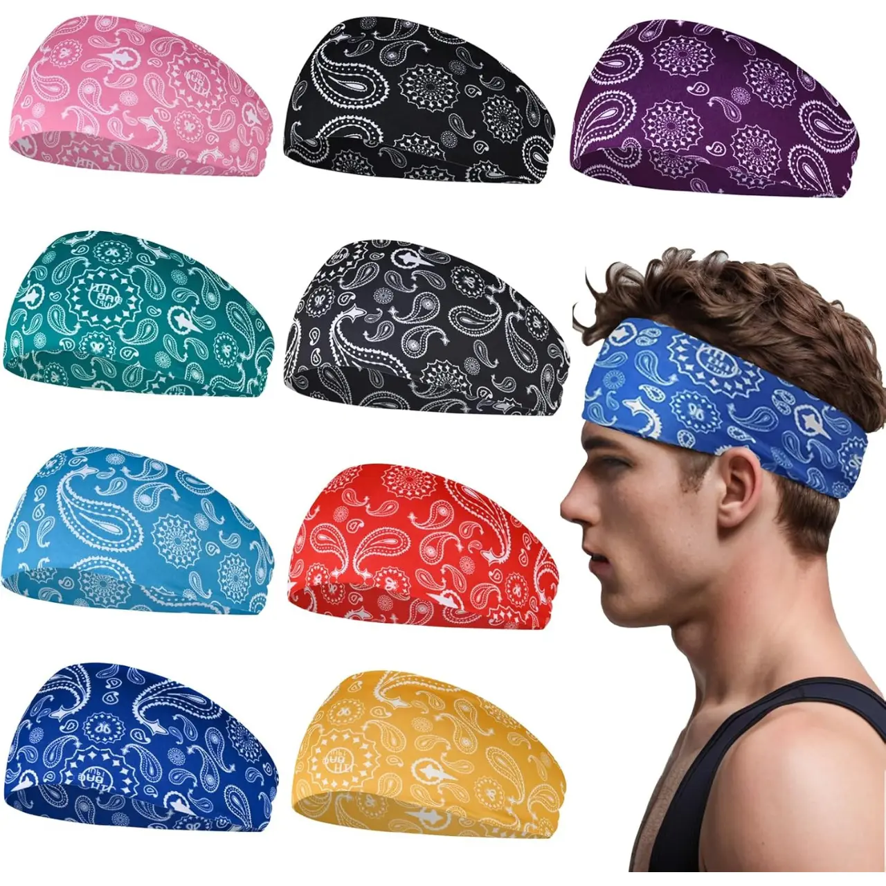 9 Pack Paisley Sweat Headbands for Men Running Workout Headbands Wide Sweatband Mens Stretchy Headband for Running Cycling Football Basketball Yoga sport hair band