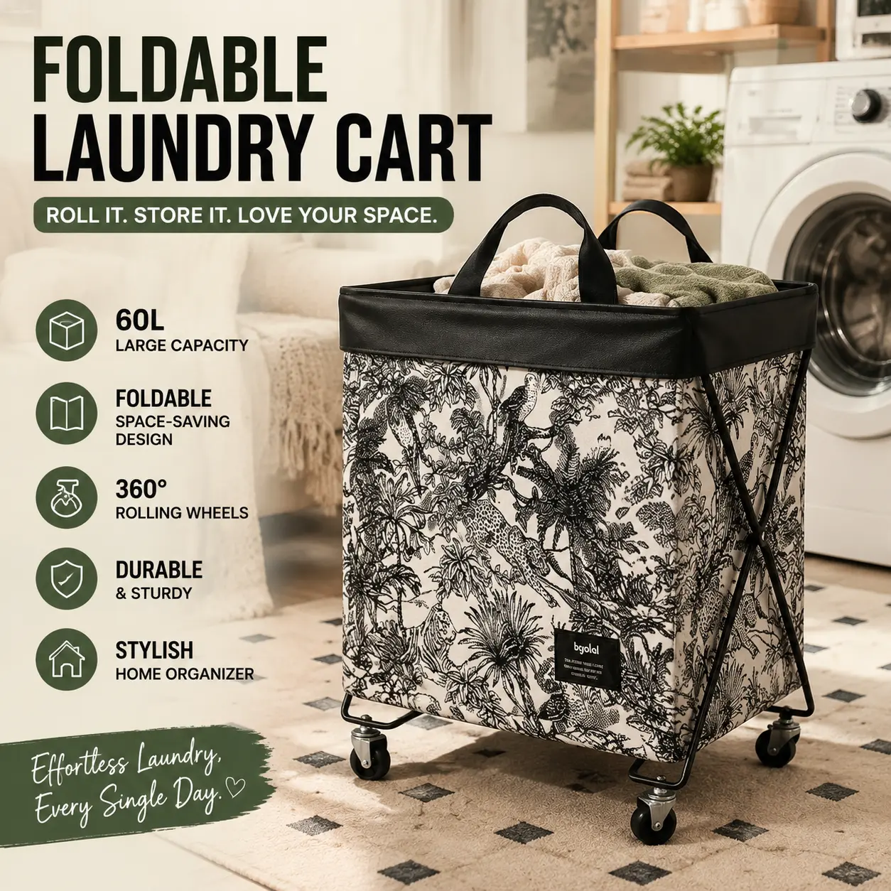 Large Rolling Laundry Basket with Wheels, XXL Capacity Clothes Hamper – Heavy Duty Laundry Organizer Cart for Home Storage, Easy Move Design