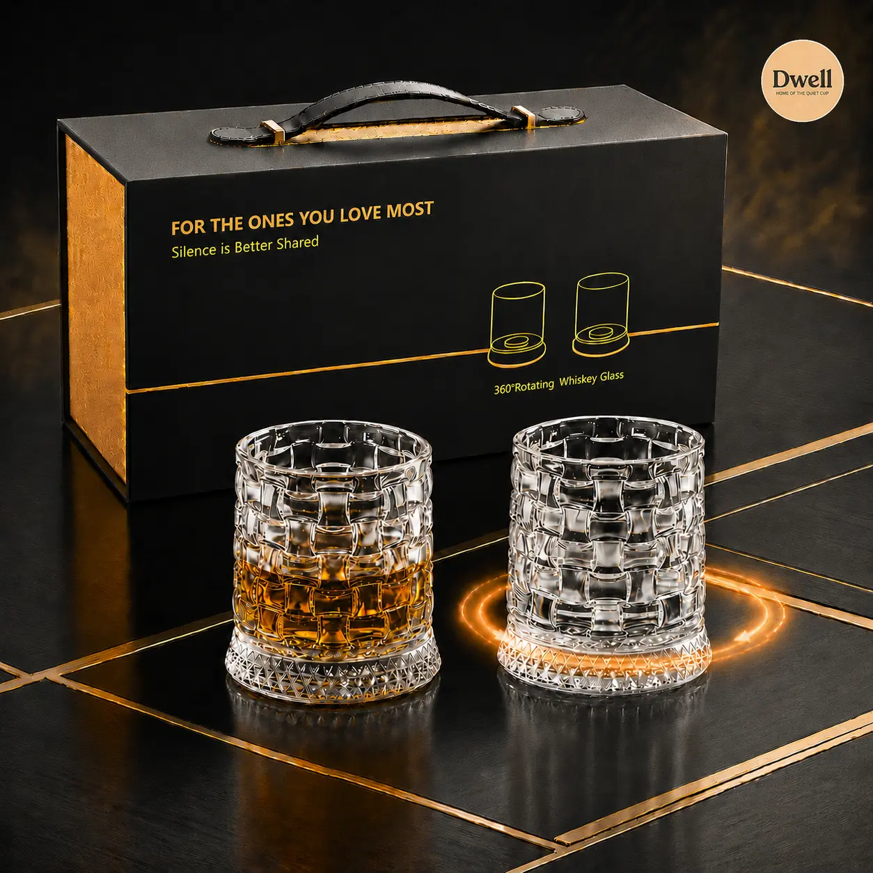 Luxury 360 Spinning Whiskey Glass Set of 2, Crystal Rotating Bourbon Scotch Cup Drinkware with Base, Stress-Relief Elegant European Barware, Premium Birthday Thanksgiving Christmas Holiday Gift Box for Men, Home Bar