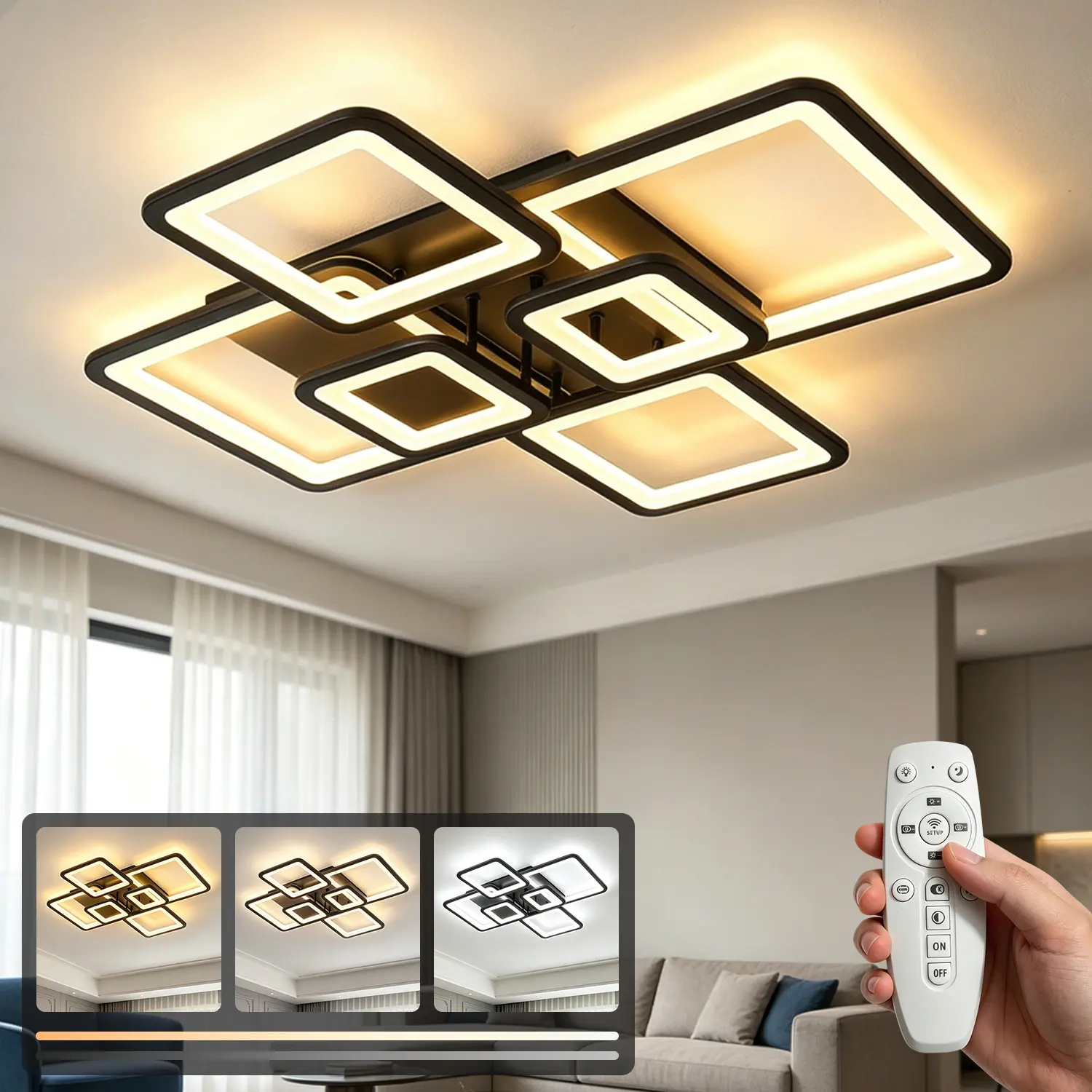Black Metal 31.5" 6-Square Geometric LED Flush Mount Ceiling Light - Iron Acrylic, APP Control, Stepless Dimmable, Low Profile Indoor Use Ceiling Lighting for Bedroom, Living Room