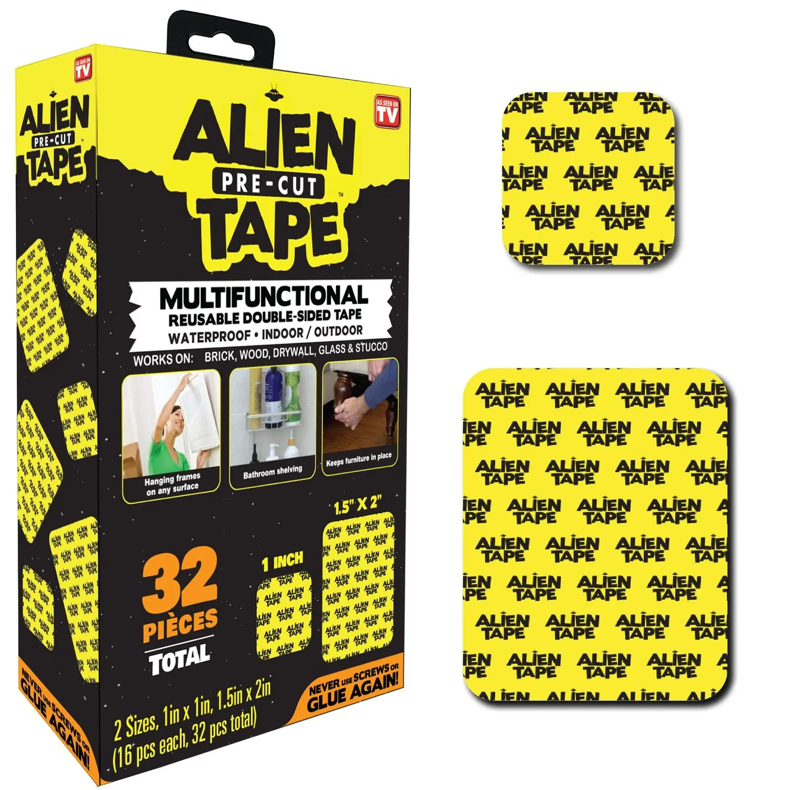 Alien Tape Pre-Cut Double Sided Tape - 32pcs Heavy Duty, Nano Tape, Double Sided Mounting Tape, Heavy Duty Double Sided Tape for Walls, Wall Tape, Clear Adhesive Tape for Poster Photo Wall Décor