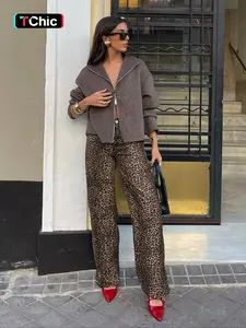 Women's High Waisted Leopard Print Straight Leg Jeans, Elastic Fabric Loose Fit Wide Leg Pants, Casual All Season Womenswear