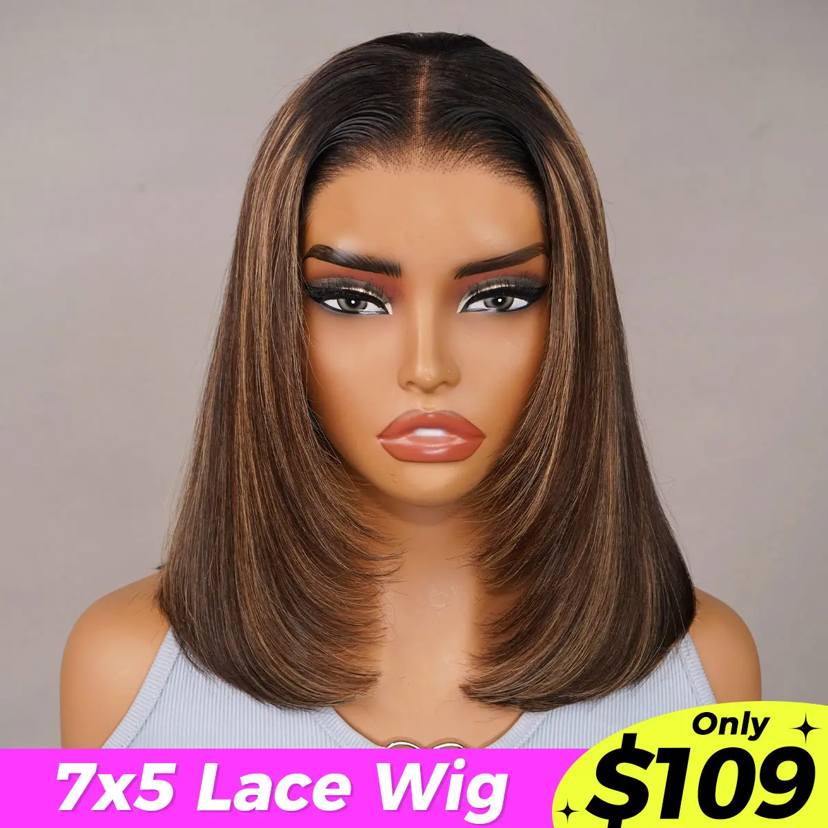 OQ HAIR Glueless Layered Straight Highlight Brown Color Bob Wig Effortless Beauty Flexible Fit Drawstring Wear Go Wig Beginner Friendly