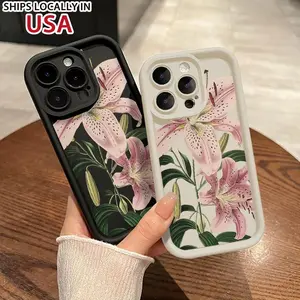 Vintage Floral Lily Pattern TPU Phone Case for iPhone 16 15 14 Pro Max 13 12 11 XR XS Plus Shockproof Drop Protection Rugged Durable Silicone Cover Cellphone Protective Flower Casing