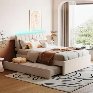 Full Size Platform Bed with Twin Size Trundle,Beige Teddy Fleece Upholstered Bed with Headboard, Wooen Bedroom Bed Frame with Lights, No Box Spring Needed,Beige