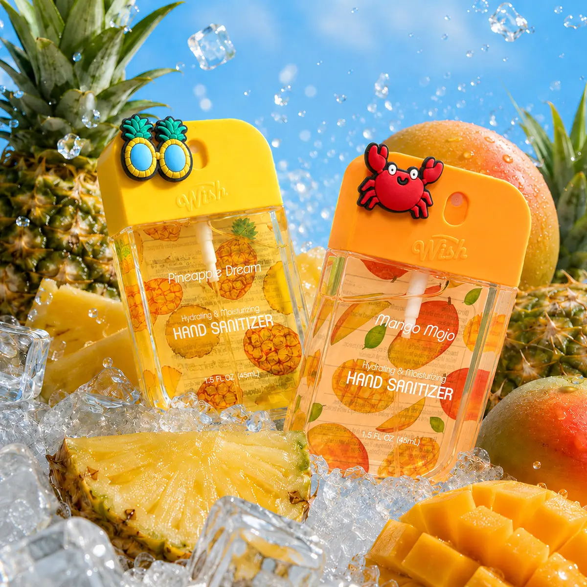 Summer Limited Edition! Pineapple & Mango Hydrating Hand Sanitizer Spray Gift Set with Cute DIY Charms | Wish Care Portable Travel Size Pocket Essentials | Plane-Friendly Vacation Must-Have