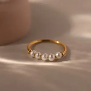 Beaded Pearl Ring by Caitlyn Minimalist - Dainty 18K Gold Plated Pearl Stacking Ring - Bridal Jewelry - Birthday Gift for Her