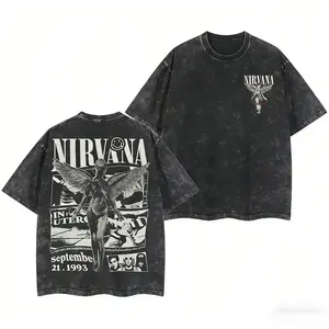 Retro Limited Nirvana Band Tour Black 2-Sided Vintage Tee Graphic Unisex Oversize Rock Band Washed Heavyweight Cotton T-shirt Gift For Rock Music Lovers Vintage Band Shirts Casual Fabric Fit Top Womenswear Streetwear