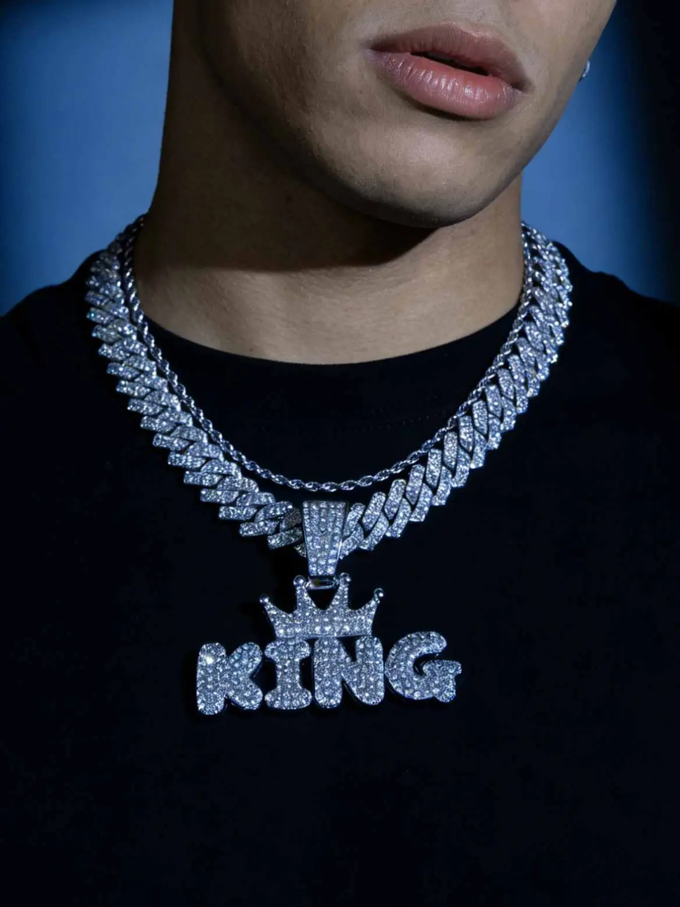 Hip Hop Crown & King Pendant Rhinestones Chunky Necklace & Chain Cuban Link Style Layered Necklace for Men, Rhinestone Decorated Necklace, Fashion Jewelry for Party, Daily Decor, for Birthday Gift, Necklace Set